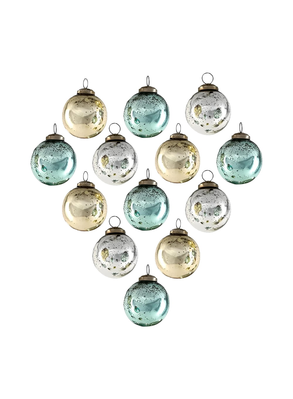 Serene Spaces Living Vintage Style Gold, Blue & Silver Glass Ball Ornaments, Set of 12