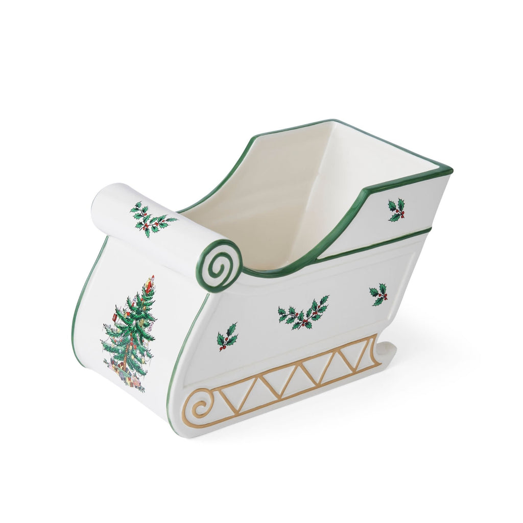 Spode Christmas Tree Figural Sleigh, 7.5" Dolomite Decorative Holiday Sleigh for Christmas Table Decor, Candy Holder, Snack Dish - Holiday Serveware & Festive Christmas Decorations