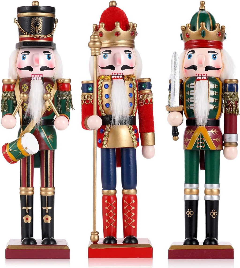 TJT 3Pcs Nutcracker Decorations Set, Wooden Nutcracker Soldier Christmas Ornaments Collectible Xmas Figures Decor Gift Indoor, 12 inch, Green Red