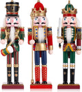 TJT 3Pcs Nutcracker Decorations Set, Wooden Nutcracker Soldier Christmas Ornaments Collectible Xmas Figures Decor Gift Indoor, 12 inch, Green Red