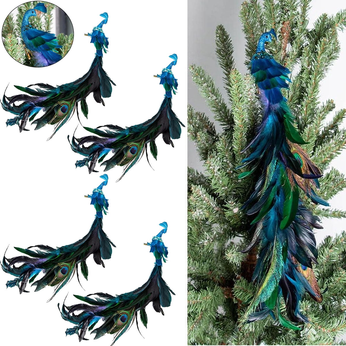 Merriva™ TOPCHANCES Glitter Peacock Ornaments with Clips, 19" Blue Christmas Tree Decoration Xmas Ornament Home Party Decor (8 Pack)