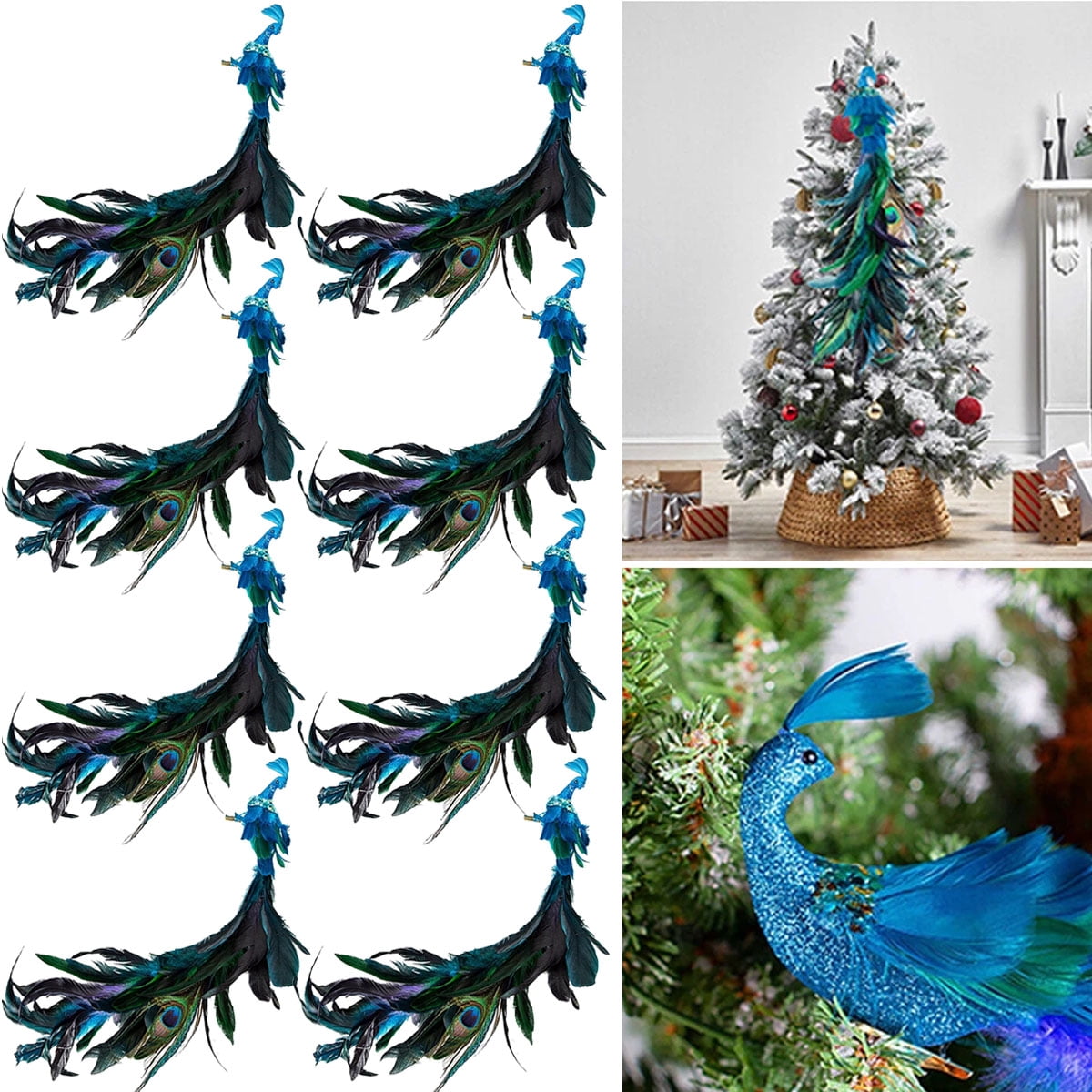 TOPCHANCES Glitter Peacock Ornaments with Clips, 19" Blue Christmas Tree Decoration Xmas Ornament Home Party Decor (8 Pack)