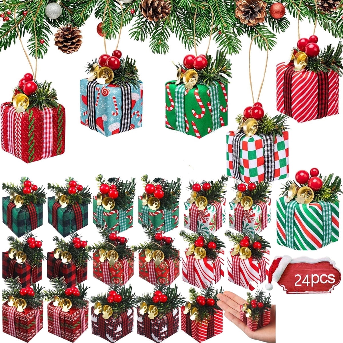 Tutuviw 24 Pcs Christmas Tree Decorations Mini Presents for DIY Crafts�?Miniature Box Ornaments Hanging Tiny Wrapped Presents for Xmas Party Garden Gift Decor (2.4in, Multicolor)