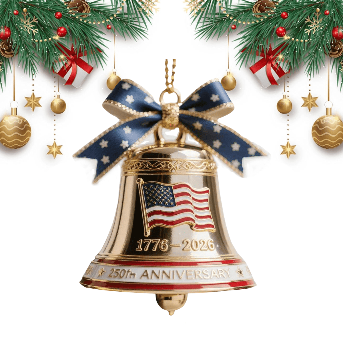 Merriva™ United States 250th Anniversary Bell Ornament, 250th Anniversary Metal Bell Ornament �?? 1776-2026 Red & Gold Patriotic Christmas Tree Hanging Decor