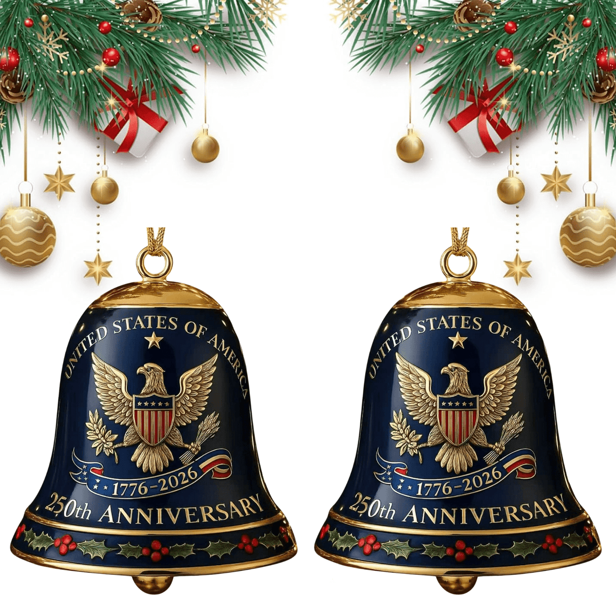 United States 250th Anniversary Bell Ornament, 250th Anniversary Metal Bell Ornament �?? 1776-2026 Red & Gold Patriotic Christmas Tree Hanging Decor, Shatterproof Holiday Ornament Gift (2PCS)