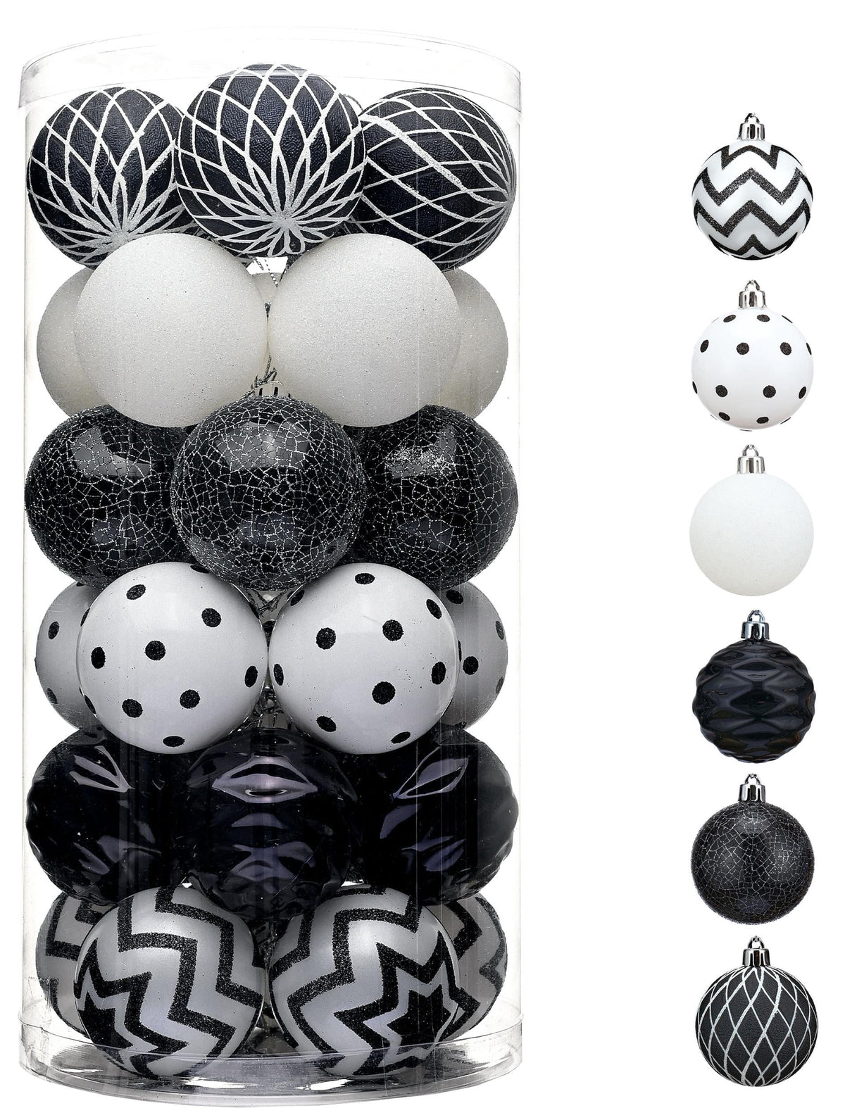Valery Madelyn Christmas Ornaments Tree Decorations Indoor, 30ct 2.36 Inch Shatterproof Black and White Party Decorative Hanging Ornaments Set for Xmas Holiday Decor
