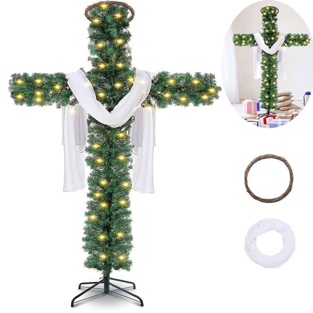  6Ft Cross Christmas Tree,Foldable Cross Christmas Tree,Christmas Tree Shaped Like a Cross,Pre-Lit Artificial Pine Christmas Cross,with 50 LED Light and Silk Scarf Wood Rattan Ring