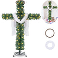  6Ft Cross Christmas Tree,Foldable Cross Christmas Tree,Christmas Tree Shaped Like a Cross,Pre-Lit Artificial Pine Christmas Cross,with 50 LED Light and Silk Scarf Wood Rattan Ring