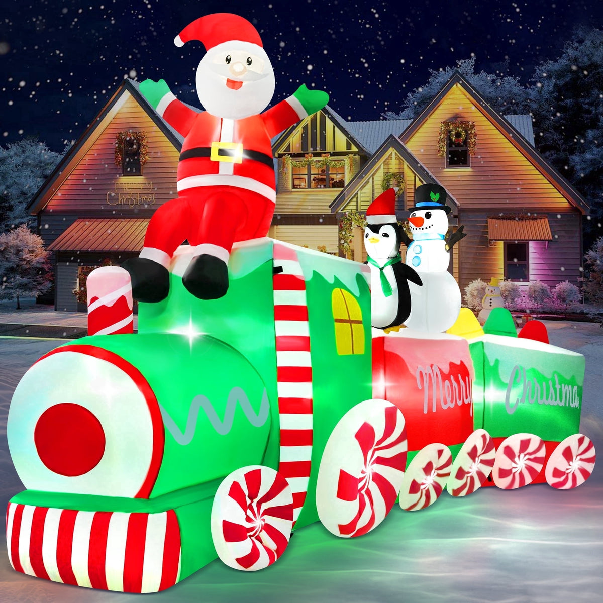 Yexmas 10.5ft Christmas Inflatable Train with Santa Snowman Penguin Dinosaur Corner Outdoor Lights Decorations for Holiday Decorations,Christmas Parties,Yard,Garden and Lawn