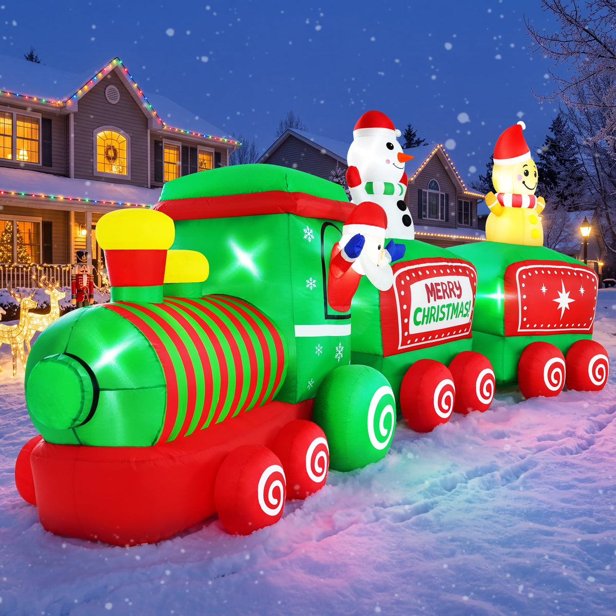 Yexmas 12FT Christmas Inflatable Train, Blow up Yard Decor Built-in LED Lights with Santa Snowman Gingerbread Man for Holiday Christmas Party Yard Garden and Lawn