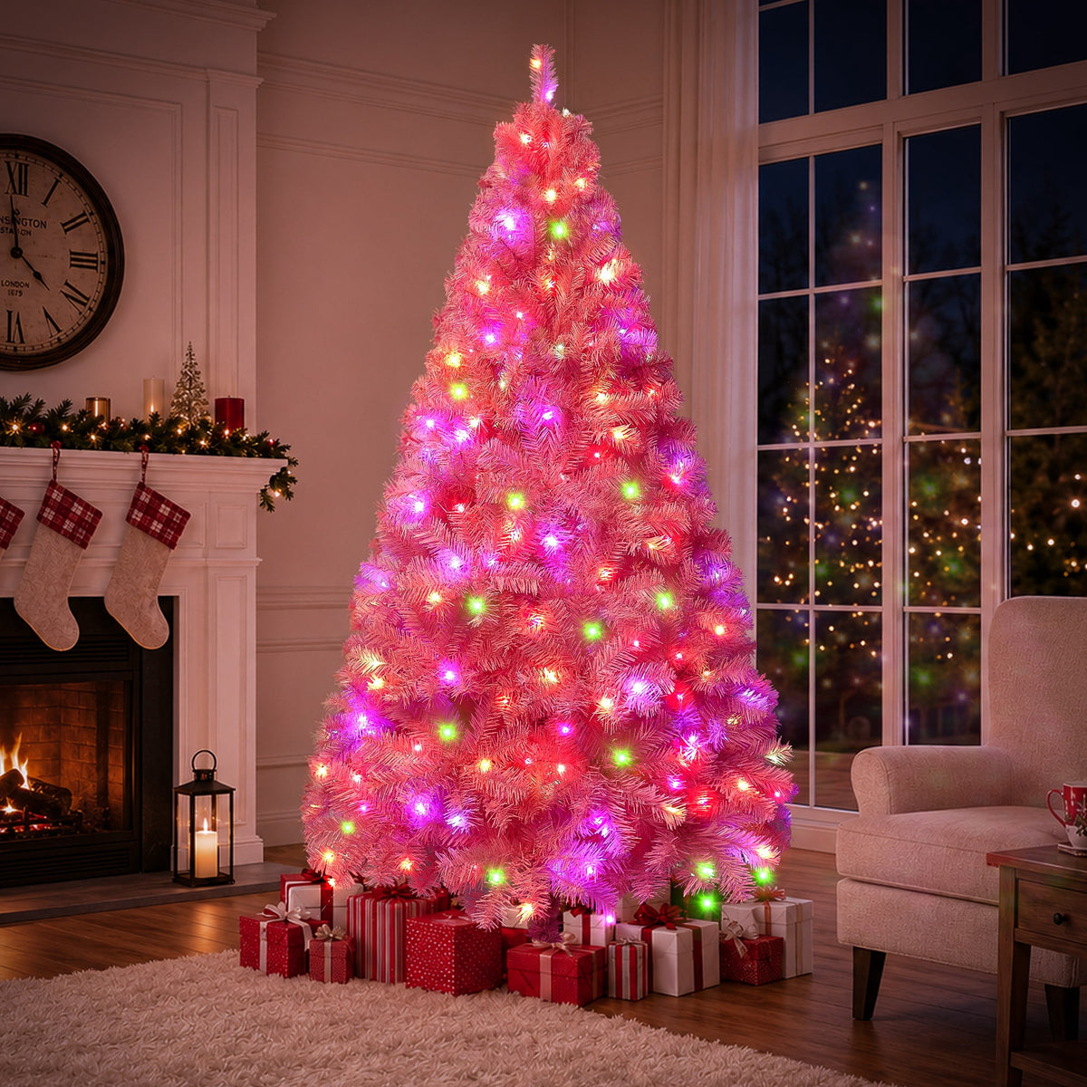 Merriva™ 7.5ft Pre-Lit Pink Christmas Tree, Artificial Christmas Tree with 1600 PVC Branches