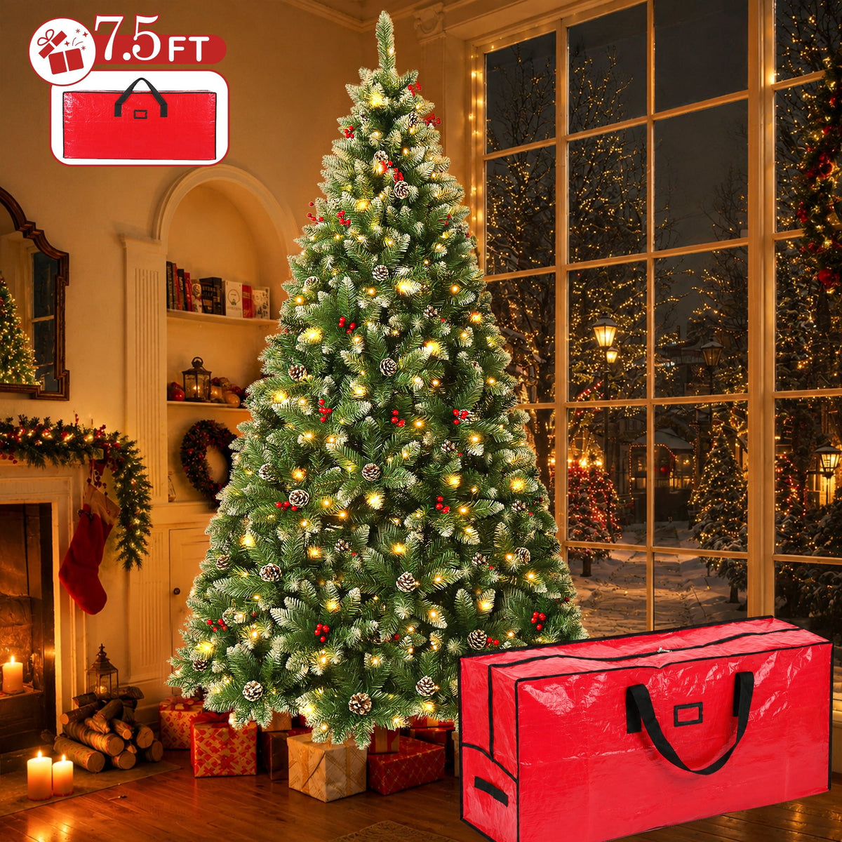 Yexmas 7.5FT Pre-Lit Christmas Tree with Pinecones and Red Berries,Artificial Green Xmas Tree with Large Storage Bag for Home, Office, Party Decoration