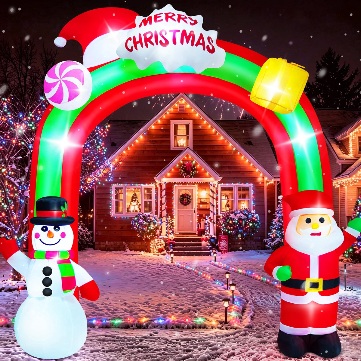 Merriva™ 8FT Christmas Inflatable Archway with Snowman & Christmas Tree, Blow Ups Xmas Inflatable with LED Lights