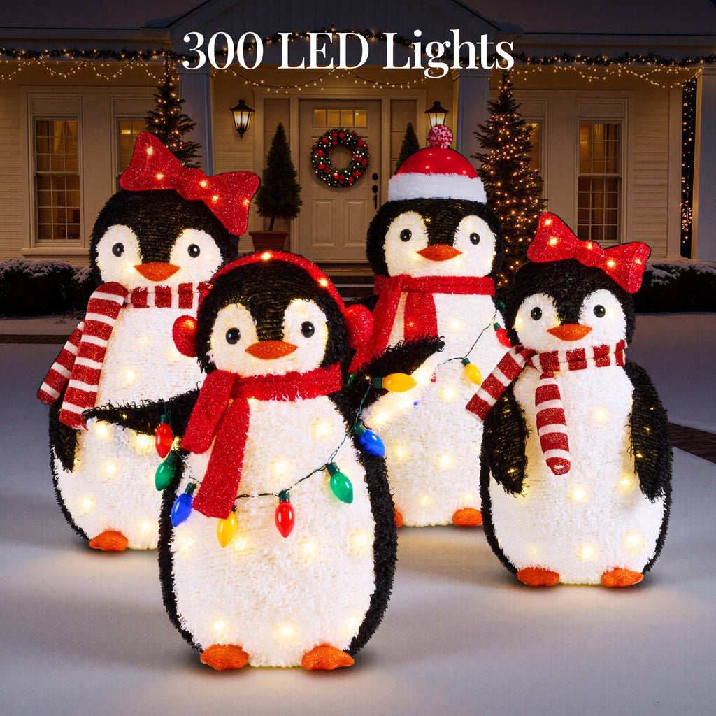  4-Piece Lighted 3ft Pop-Up Penguin Family Outdoor Christmas Decoration w/ 300 LED Lights - Red