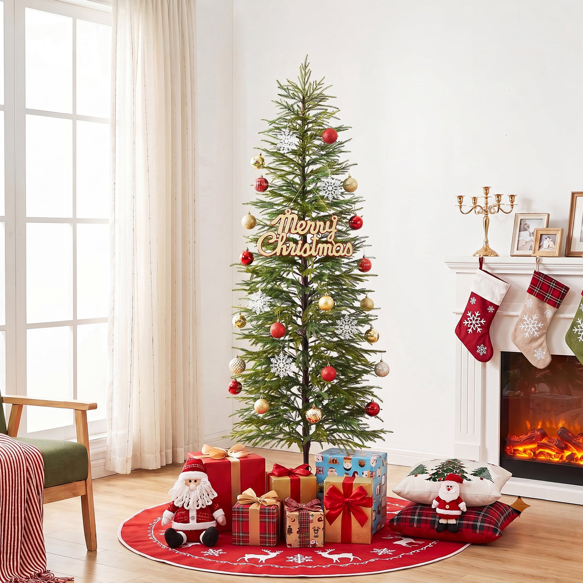  6' Green Cypress Artificial Christmas Tree, Pencil Xmas Tree with Foldable Metal Stand, Easy Assembly Indoor Large Room Holiday Decor