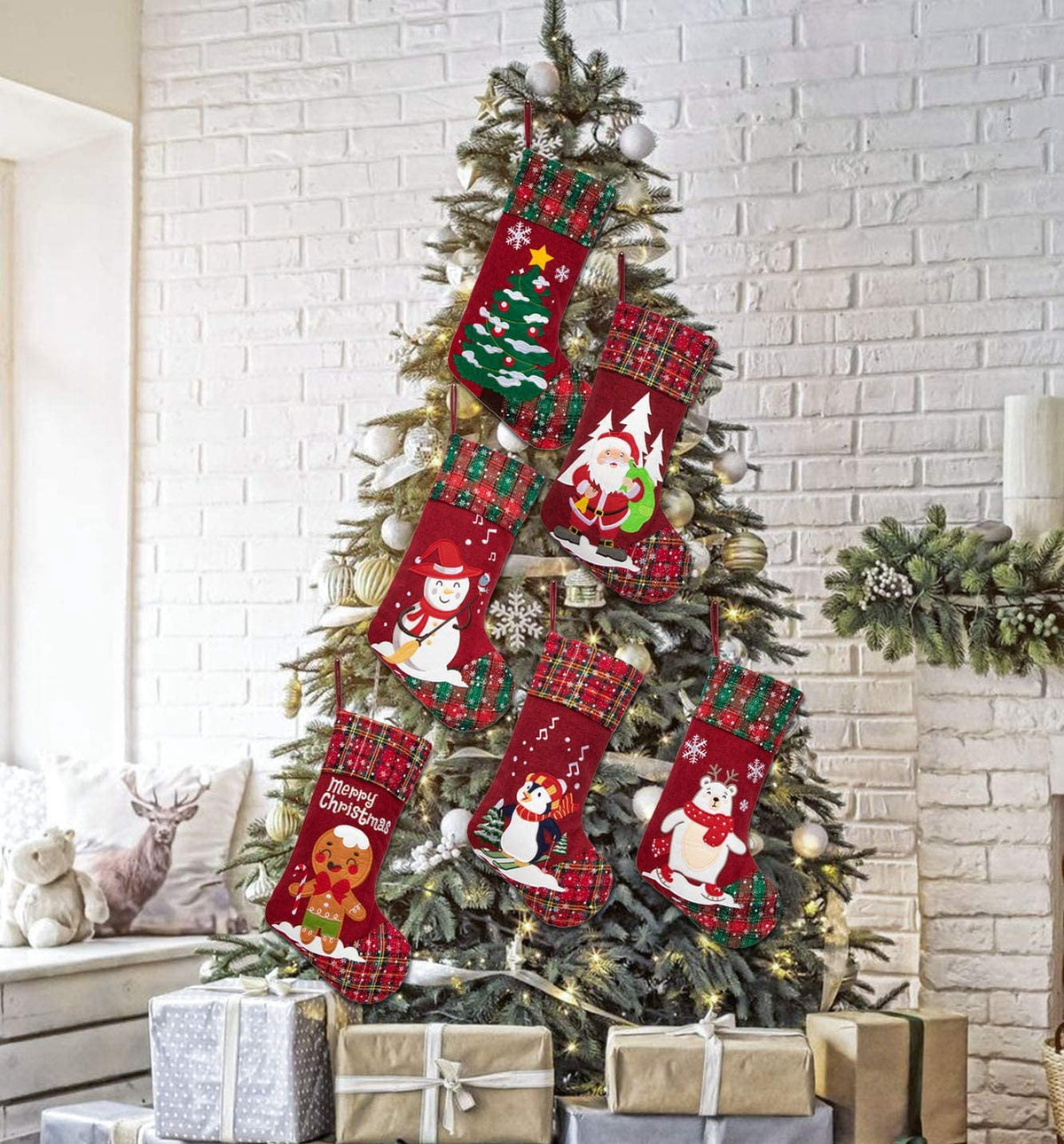 Christmas Stockings GEX 21" 2025 Embroidered Linen Applique Burlap Fireplace Hanging Christmas Ornament for Family Decorations Holiday Xmas Gift New 6 Pack