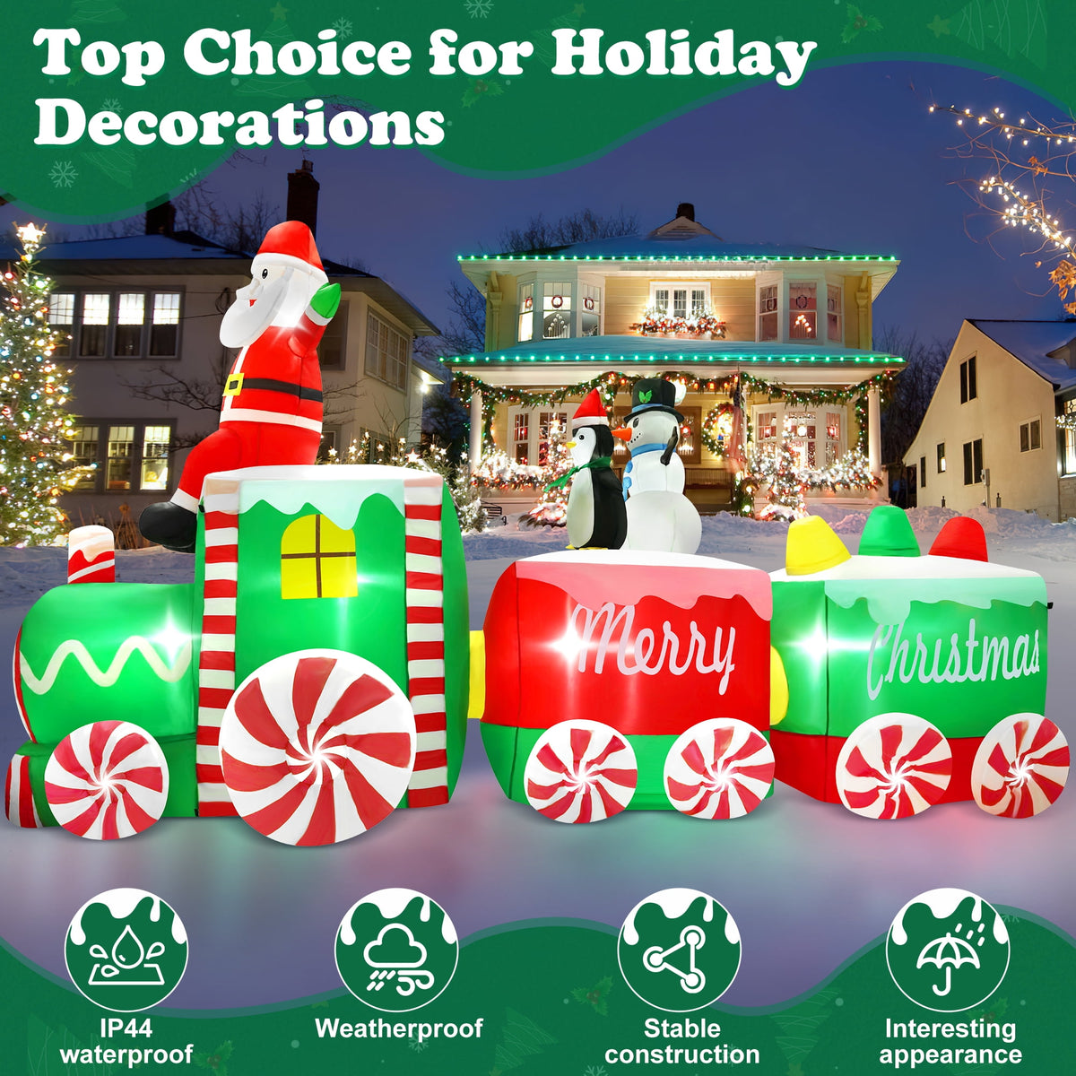 Yexmas 10.5ft Christmas Inflatable Train with Santa Snowman Penguin Dinosaur Corner Outdoor Lights Decorations for Holiday Decorations,Christmas Parties,Yard,Garden and Lawn