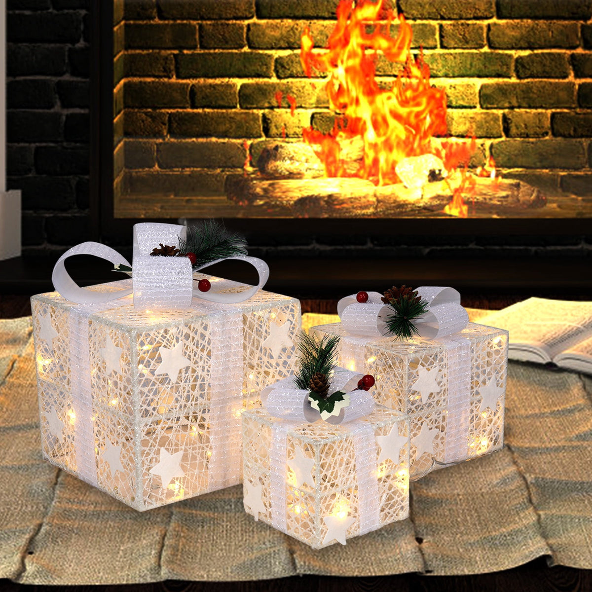 Set of 3 Christmas Lighted Gift Boxes Decorations, Seizeen Indoor Outdoor Xmas Decor with 60 Warm LED Lights, Home Room Garden Christmas Tree Decoration