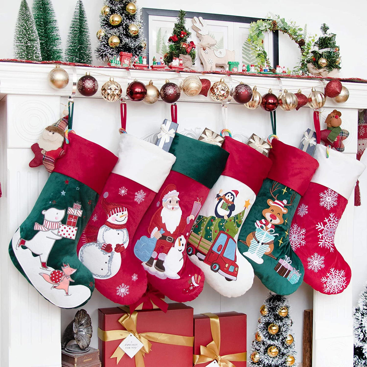 GEX 2025 21" Luxury Velvet Embroidery Pattern Christmas Stockings for Family Classic Fireplace Decorations Hanging Ornament for Xmas Holiday Party Set of 6