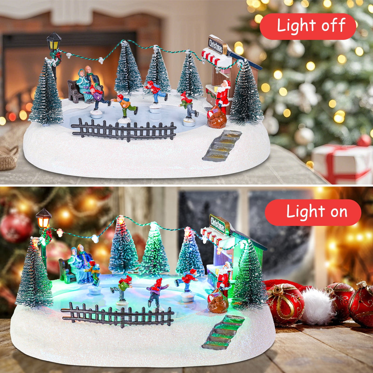 Christmas Village-Christmas Village Skating House Figurines Christmas Skiing Decor,Christmas Home Decoration Snow Globe Multicolor Lighted with Music X-Large