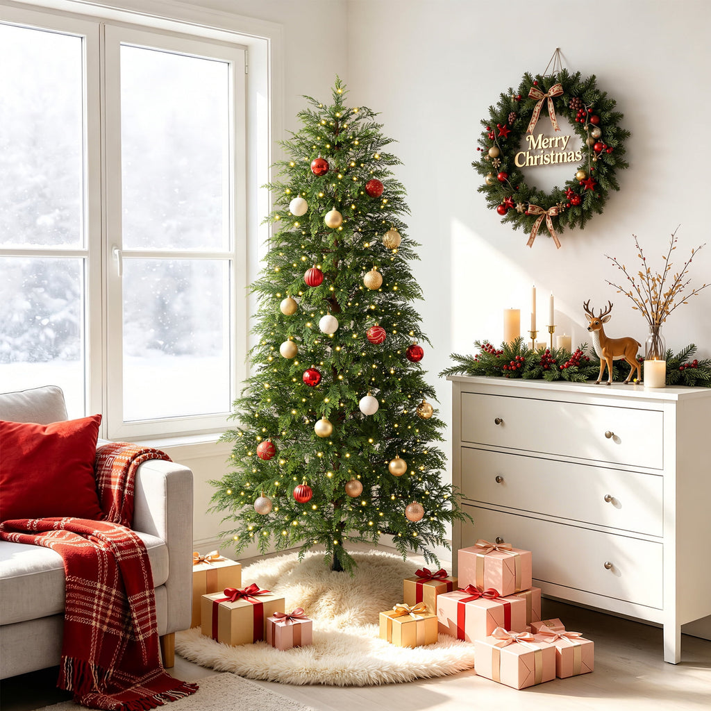  7.5' Pre-Lit Green Cypress Artificial Christmas Tree with 500 Warm White Twinkle LED Lights, Full-Bodied Xmas Tree with Metal Stand, Indoor Holiday Decoration