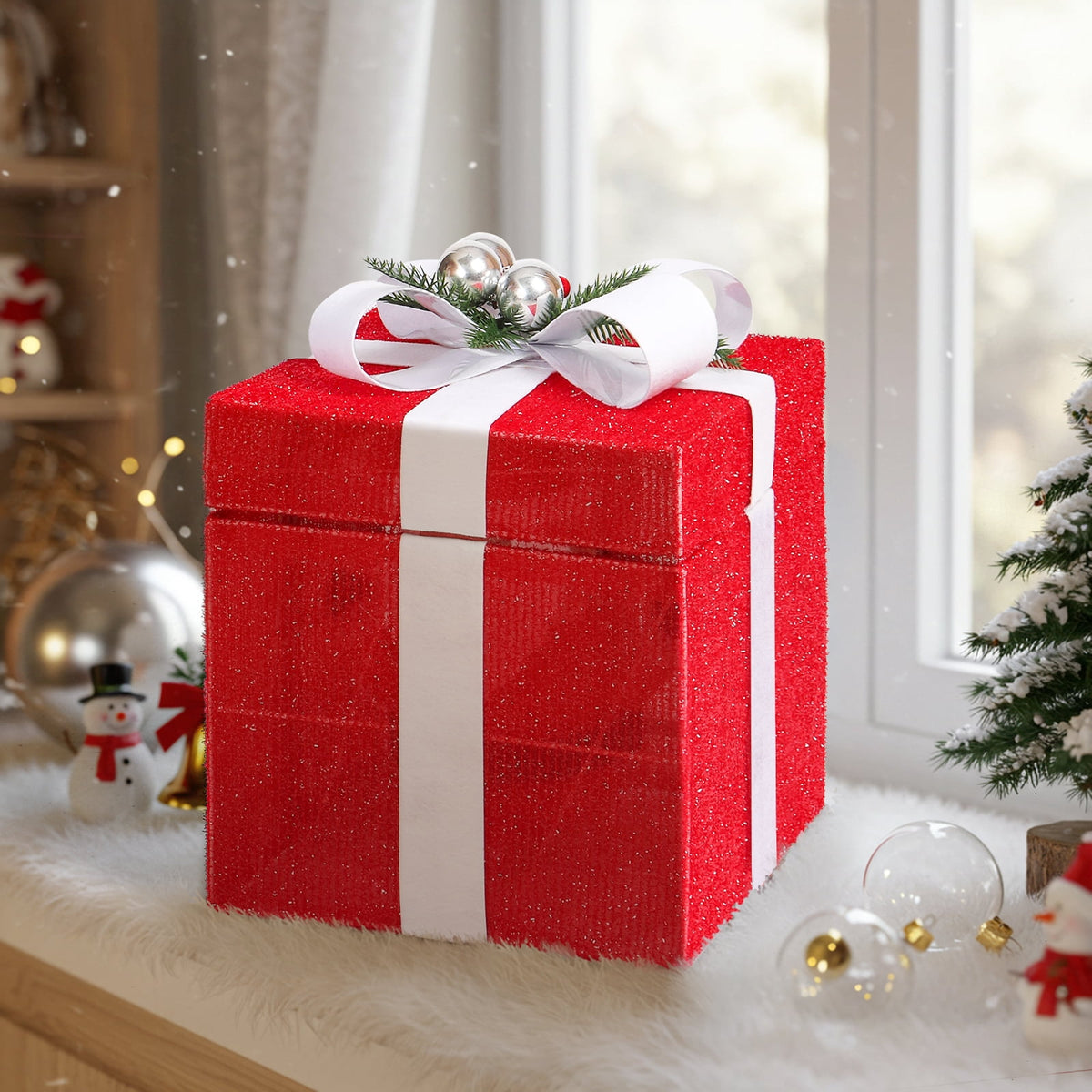 Zimtown LED Christmas Ornament Decor,Lighted Outdoor Holiday Gift Box,Opens and Closes Automatically for Indoor Outdoor Holiday,Red
