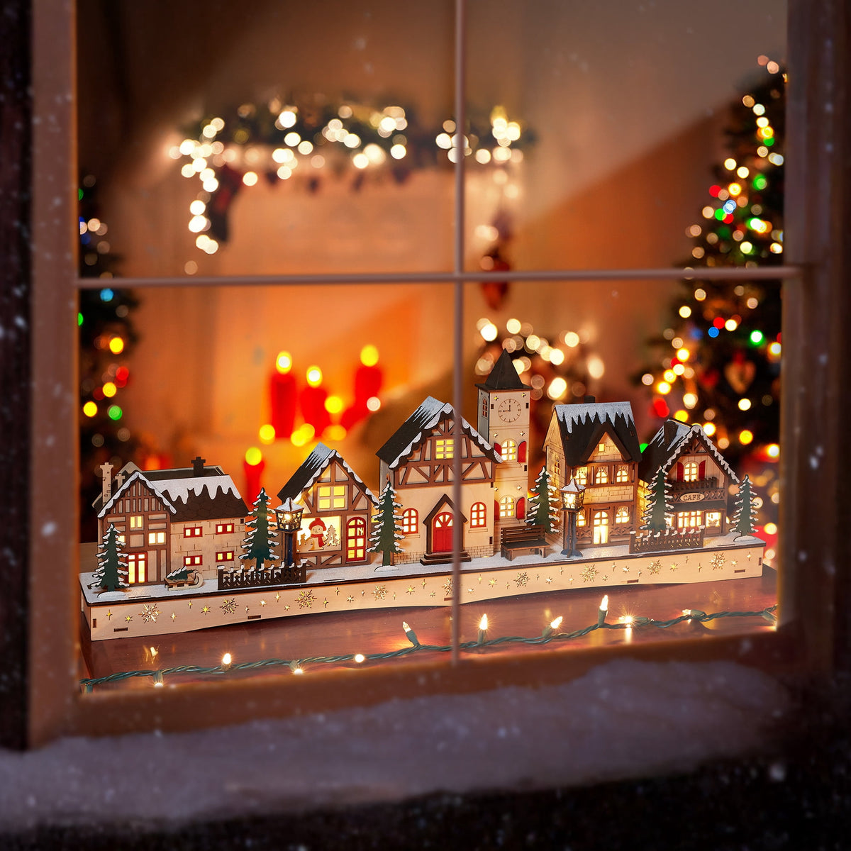 Pre-Lit Wooden Christmas Village - Miniature LED Holiday Decoration