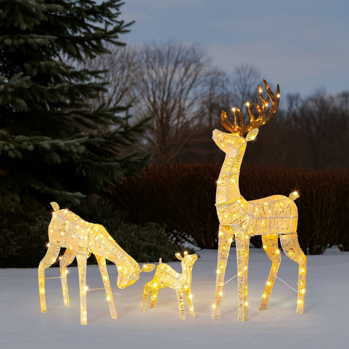 Christmas Decoration for Outdoor, Golden Lighted Christmas Deer Reindeer Family Set, 3 PCS Christmas Ornament with 280 Warm Lights, for Yard Patio Garden Party Home Decor