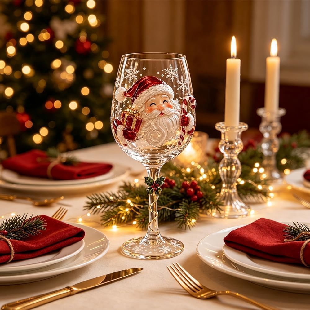 Christmas 3D Wine Glass Collection Gift Box Set, 3D Santa Christmas Wine Glass, Raised Holiday Goblet with Snowflake Decor, Festive Glassware for Wine, Cocktails, Holiday Party & Table Decor