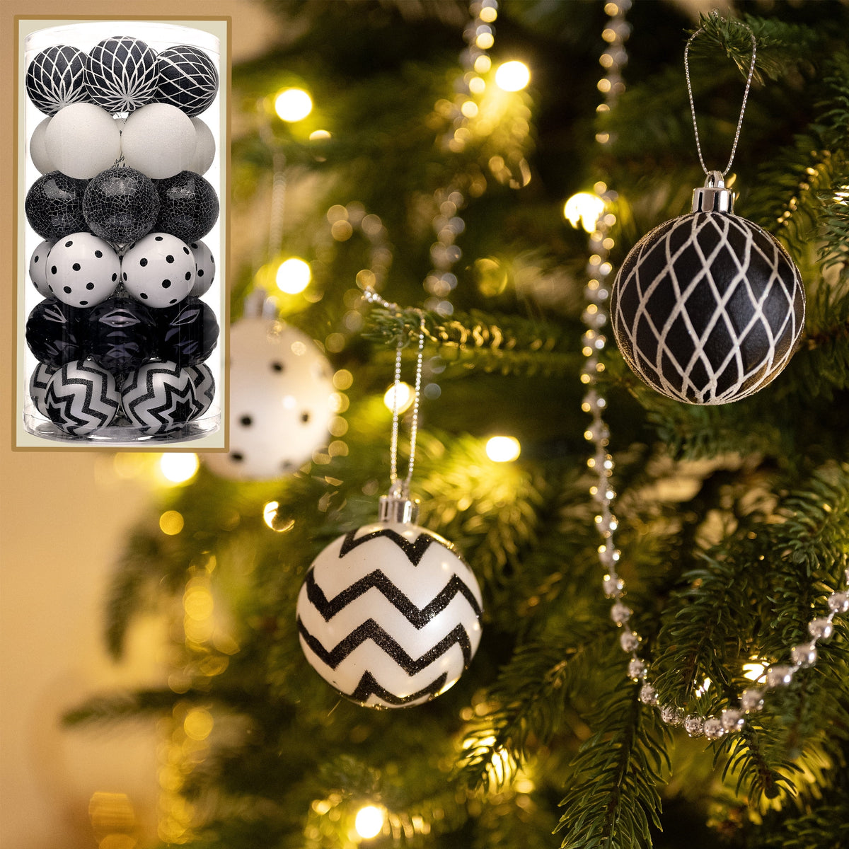 Valery Madelyn Christmas Ornaments Tree Decorations Indoor, 30ct 2.36 Inch Shatterproof Black and White Party Decorative Hanging Ornaments Set for Xmas Holiday Decor