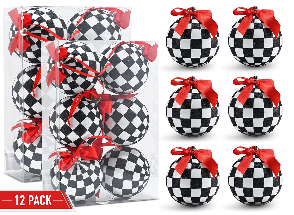 Ornativity Black and White Ornaments - Glittered Black and White Checkered Ball Ornament with Red Bow and String Christmas Tree Decoration Set - Pack of 12