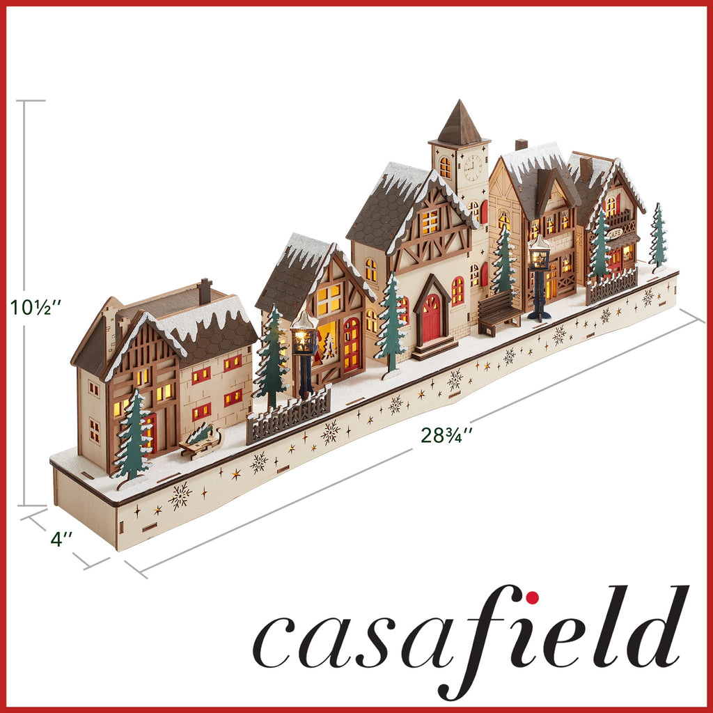 Pre-Lit Wooden Christmas Village - Miniature LED Holiday Decoration