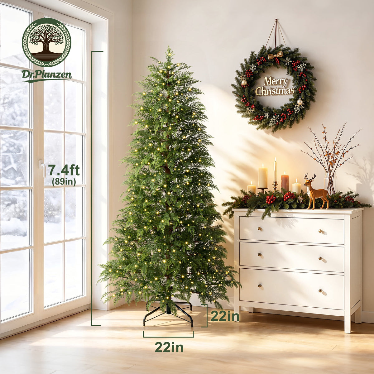  7.5' Pre-Lit Green Cypress Artificial Christmas Tree with 500 Warm White Twinkle LED Lights, Full-Bodied Xmas Tree with Metal Stand, Indoor Holiday Decoration