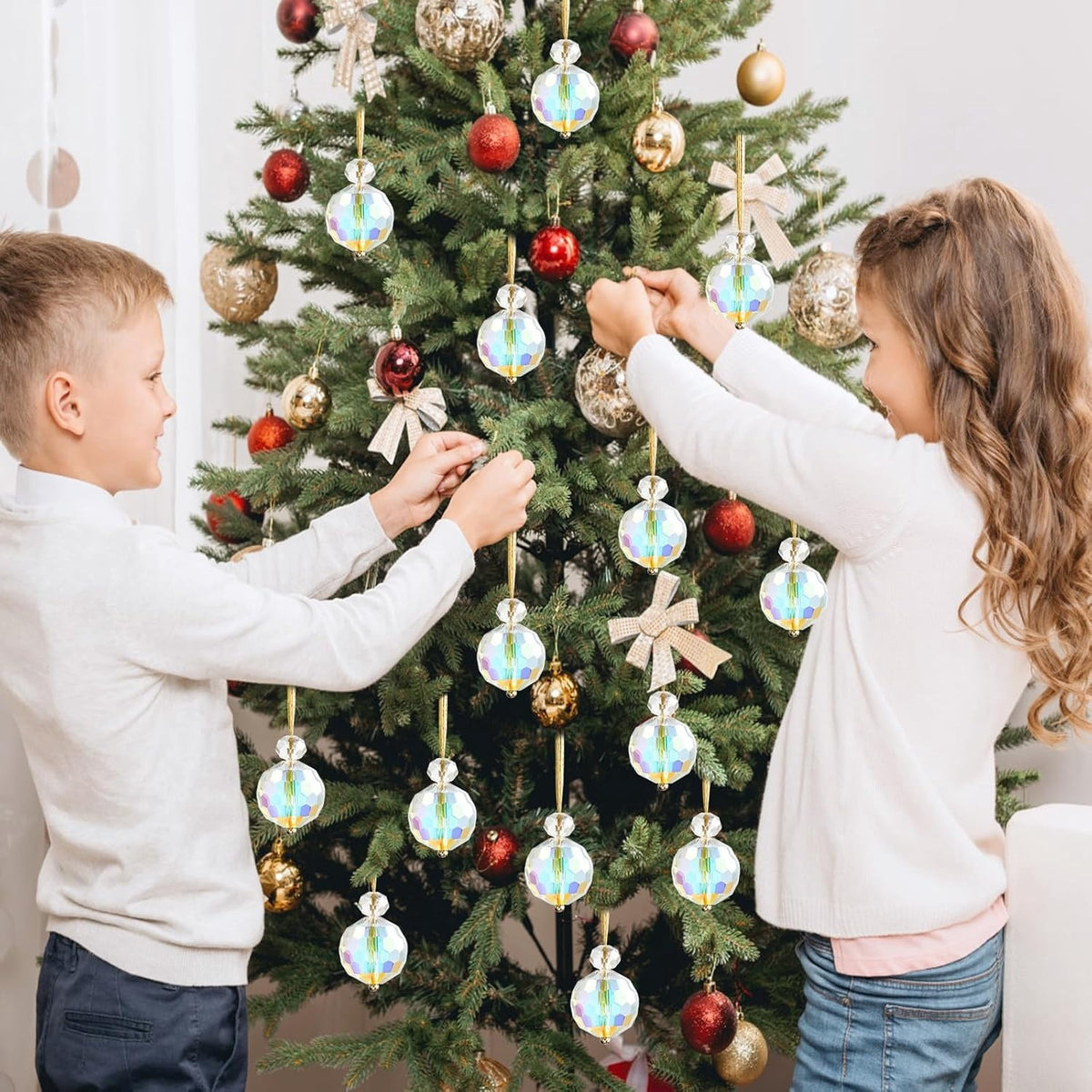 Crystal Christmas Ornaments,24 Pcs Glass Prism Ball,Crystal Xmas Tree Ornaments,Hanging Ornament Ball for Xmas Tree Bridal Wedding Birthday Party Decor(12 White  12 Multi-color)