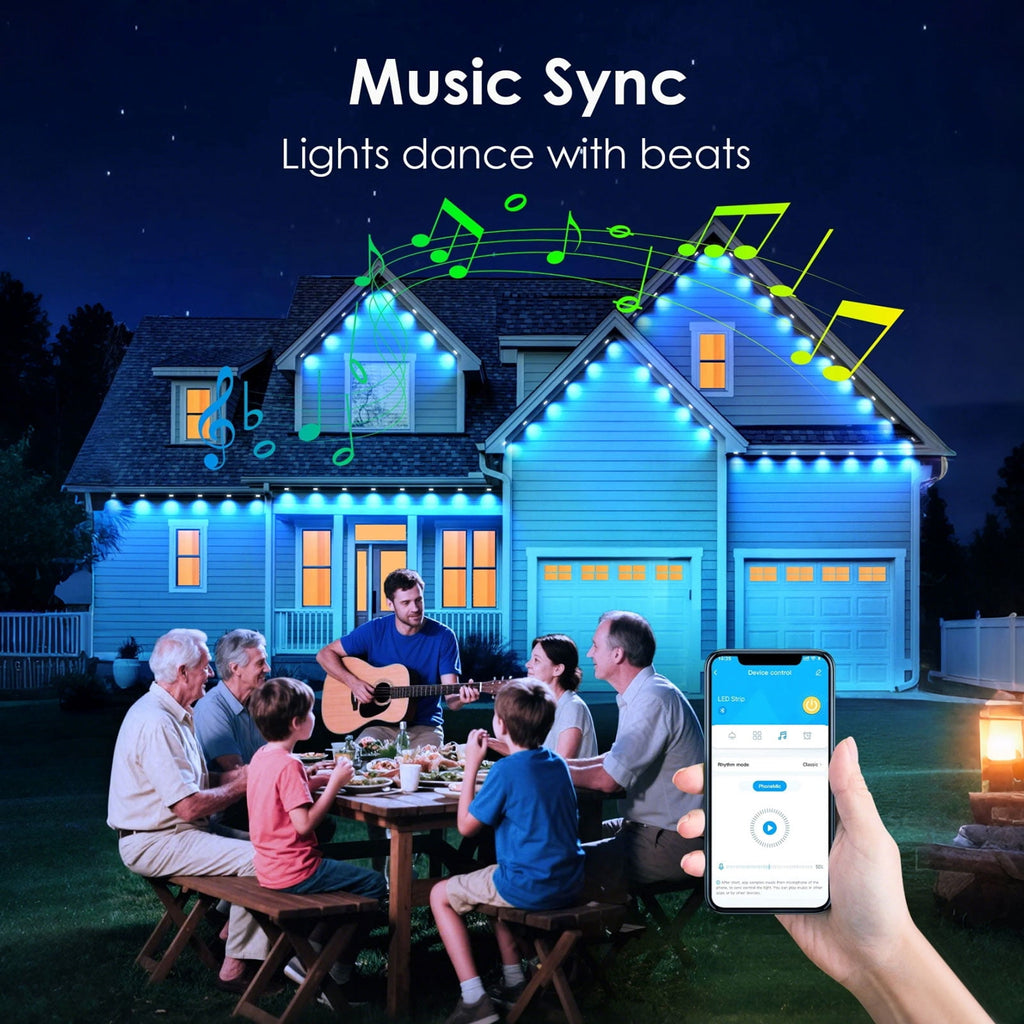 GUPUP 100ft Permanent Outdoor Lights for House, 50 RGB Waterproof LED String Lights, Remote/APP Control Eave Lights for Roof Patio Party Decor