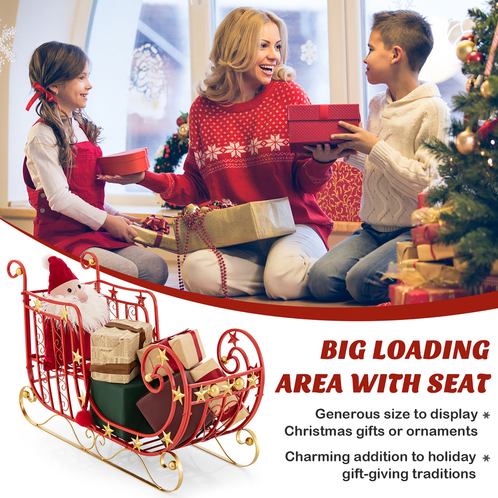 Gymax Christmas Metal Sleigh Large Red Santa Sleigh Decoration w/ Big Loading Area for Gifts