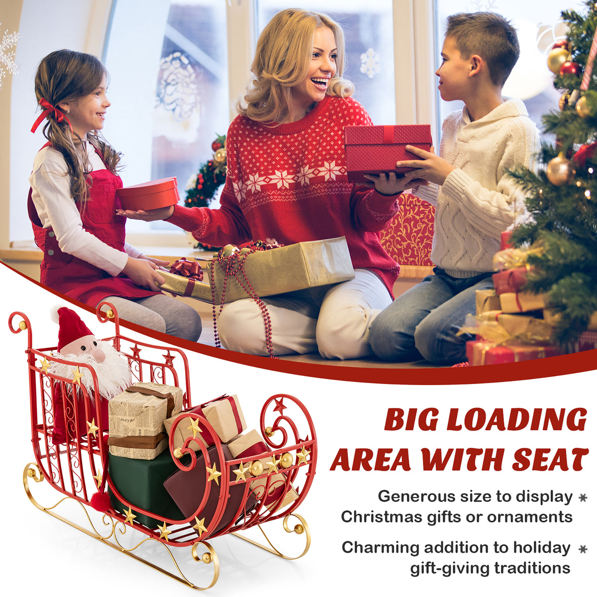 Gymax Christmas Metal Sleigh Large Red Santa Sleigh Decoration w/ Big Loading Area for Gifts