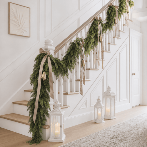 -2Pcs 9 FT Artificial Cedar Garlands, Real Touch Winter Cedar Pine Garland, Green Artificial Greenery Garland for Table, Mantle, Wall, Indoor, Outdoor Christmas Decorations