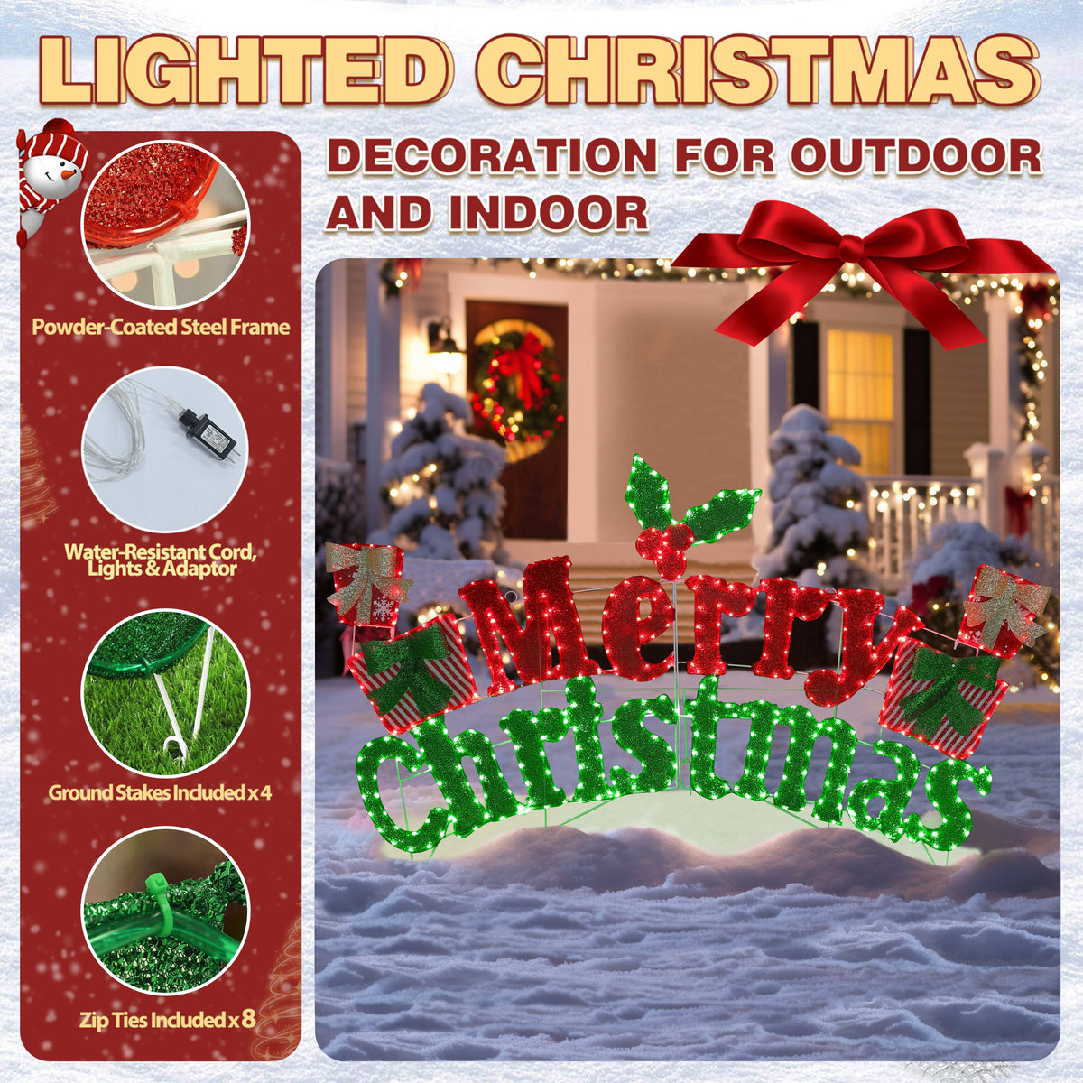 VEIKOUS 6ft Merry Christmas Sign, Lighted Xmas Decorations Indoor & Outdoor W/5-Meter Power Cord for Holiday Backyard Party