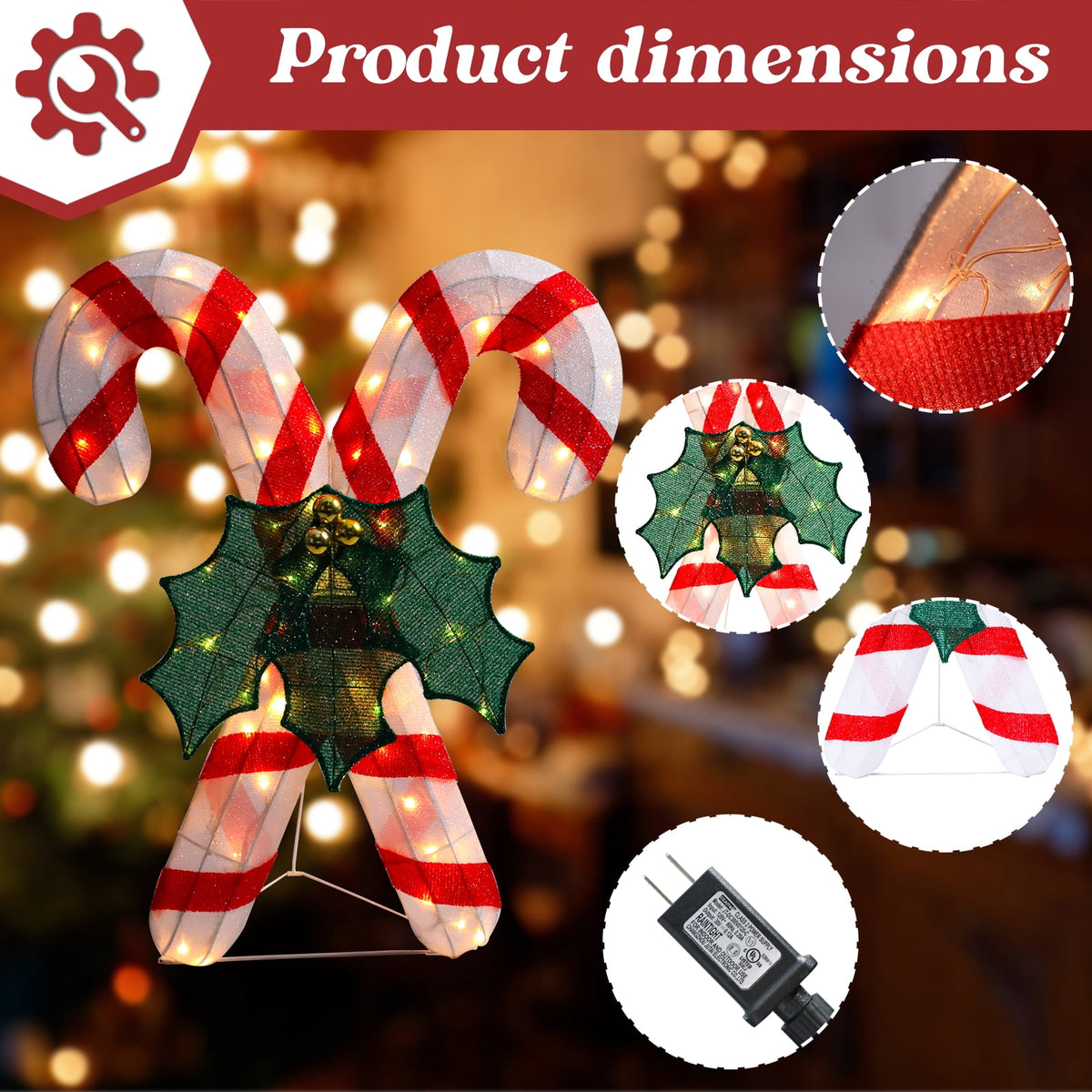 Lighted Christmas Candy Canes Tinsel Decoration,Pre-lit Light Up With Warm LED Light,Christmas Decoration for Indoor Outdoor,Holiday Decoration