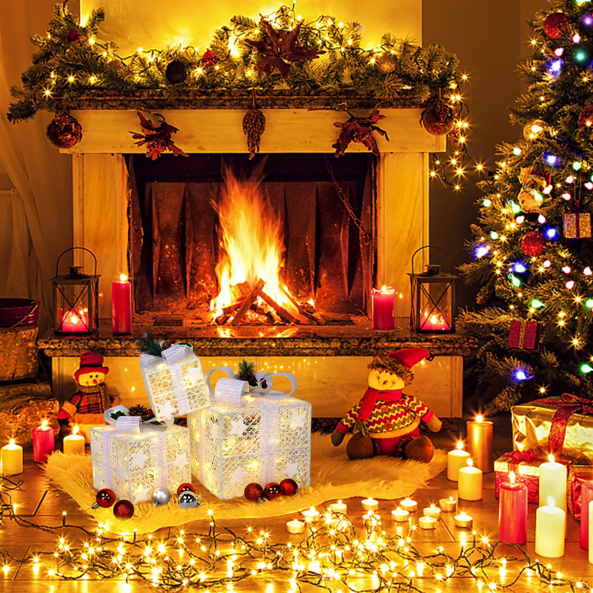 CZBZ Outdoor Christmas Yard Decorations, 3PCS Square ABS Plastic Rack Garden Festive Decoration LED 60 Light Warm Light Cotton Thread Powder Gift Box for Xmas Outdoor Holiday Indoor Decor