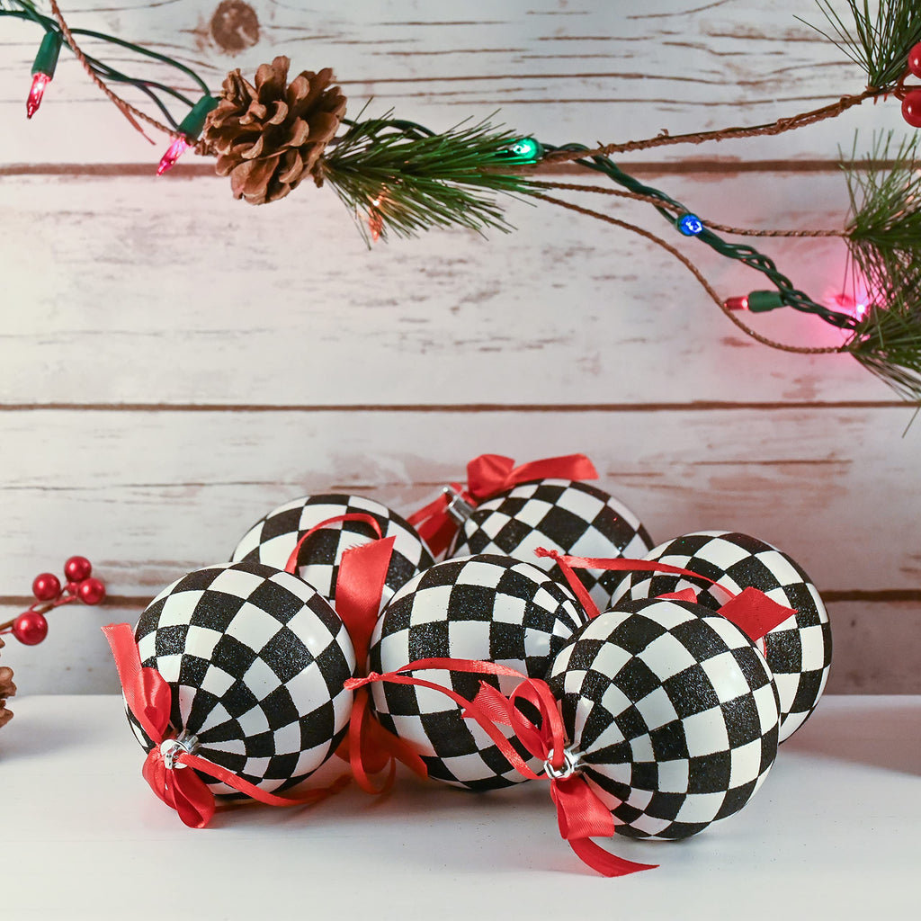 Ornativity Black and White Ornaments - Glittered Black and White Checkered Ball Ornament with Red Bow and String Christmas Tree Decoration Set - Pack of 12