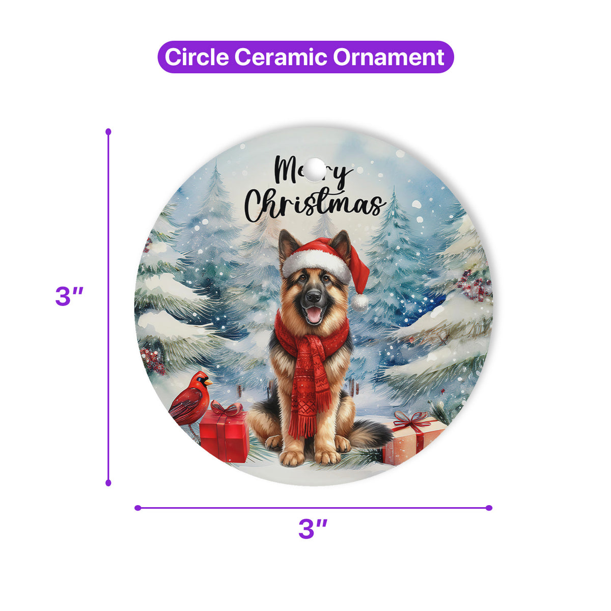 Merry Christmas German Shepherd Enjoys Woofmas Winter Xmas Holiday Ceramic Round Ornament Alsatian Dog Lover Gifts Home Tree Decor - 02022