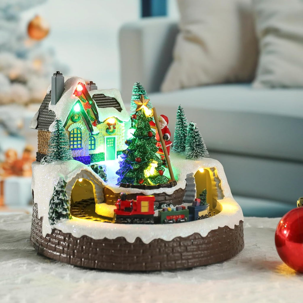 WONDER GARDEN Christmas Village Houses Collectible Buildings - Moving Train Around The Christmas Tree,Warm Light Musical Christmas Ornaments for Christmas Holiday Decorations