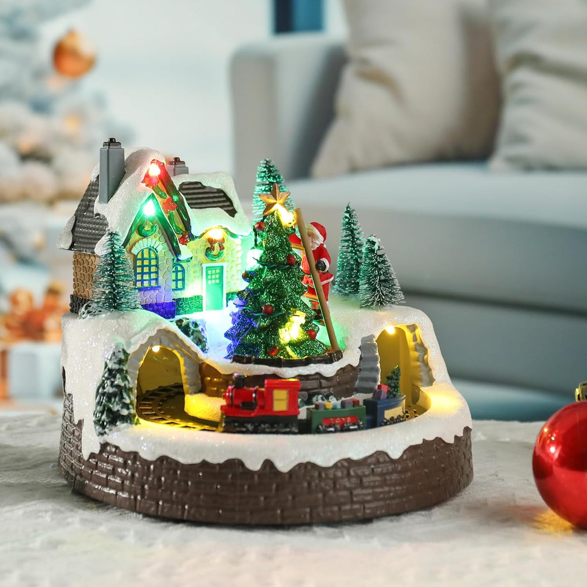 WONDER GARDEN Christmas Village Houses Collectible Buildings - Moving Train Around The Christmas Tree,Warm Light Musical Christmas Ornaments for Christmas Holiday Decorations