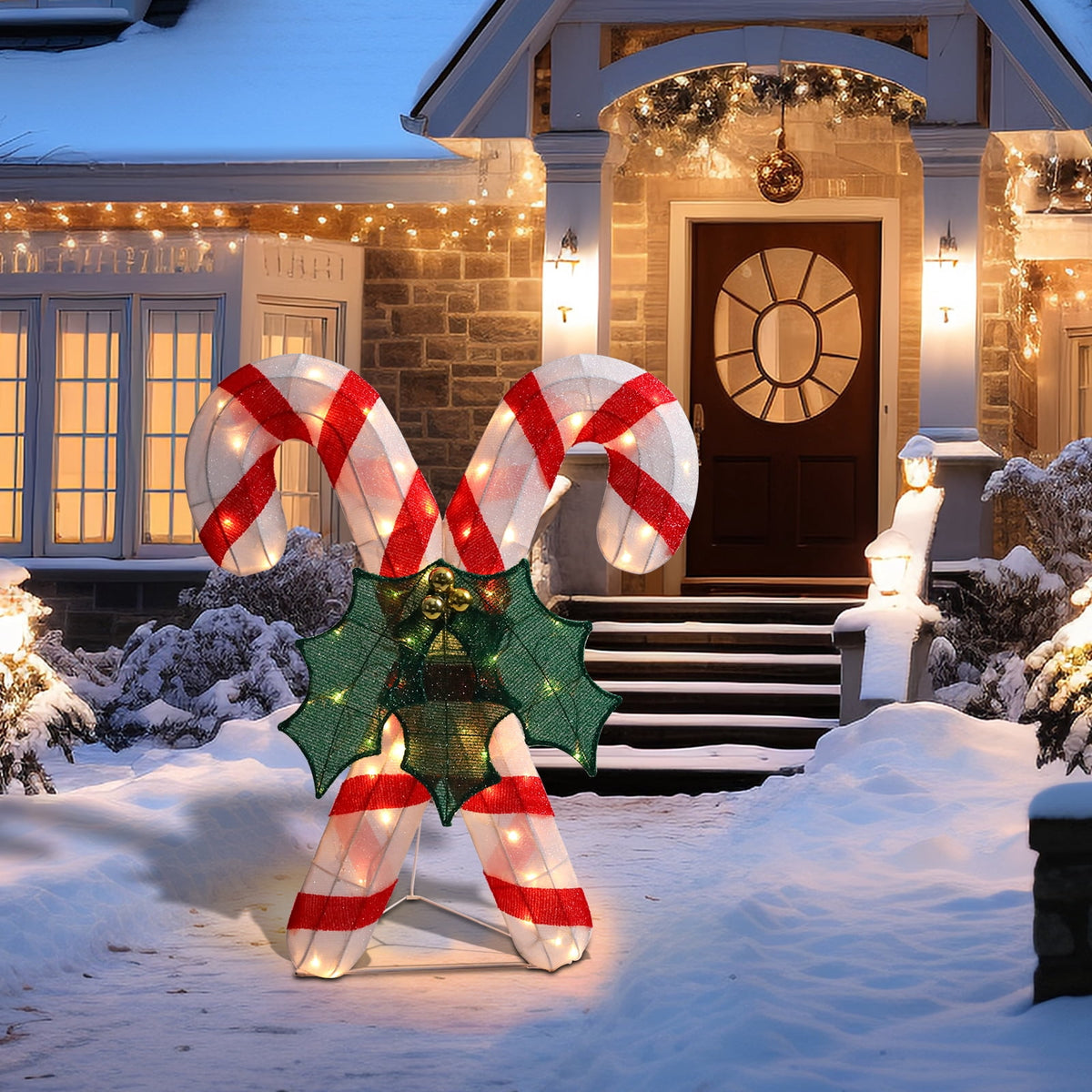 Lighted Christmas Candy Canes Tinsel Decoration,Pre-lit Light Up With Warm LED Light,Christmas Decoration for Indoor Outdoor,Holiday Decoration