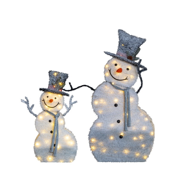 2-Pack Lighted Snowman Christmas Decorations, 80 Warm White LEDs, Sparkling Tinsel Fabric, Collapsible for Indoor or Outdoor Use