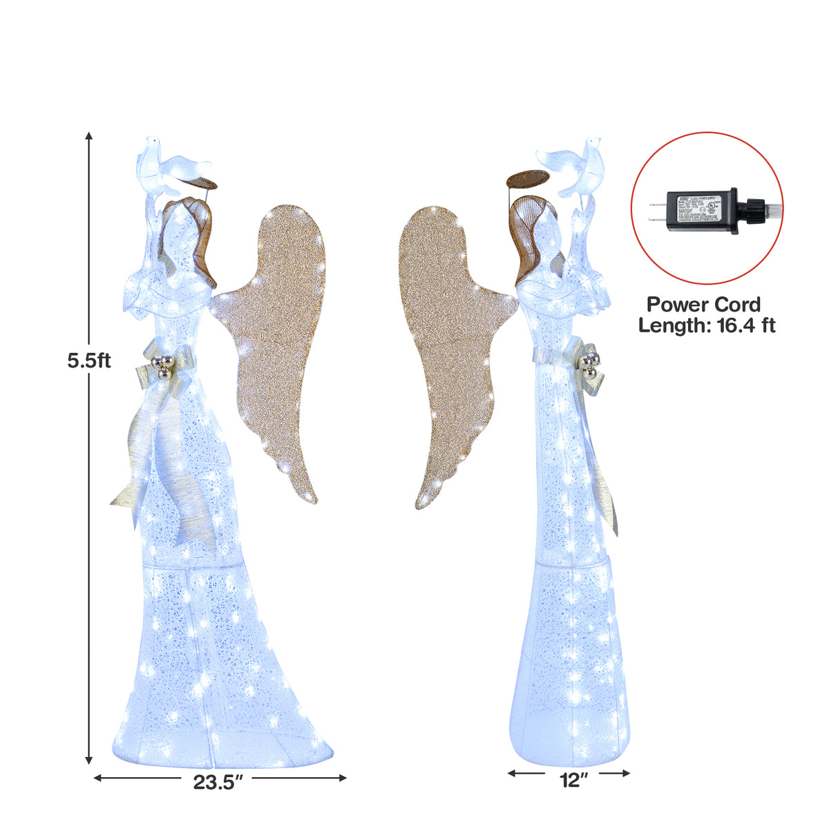 Gymax 3D Lighted Angel Christmas Decoration w/Pigeon Golden Wings 150 LED Lights White & Gold