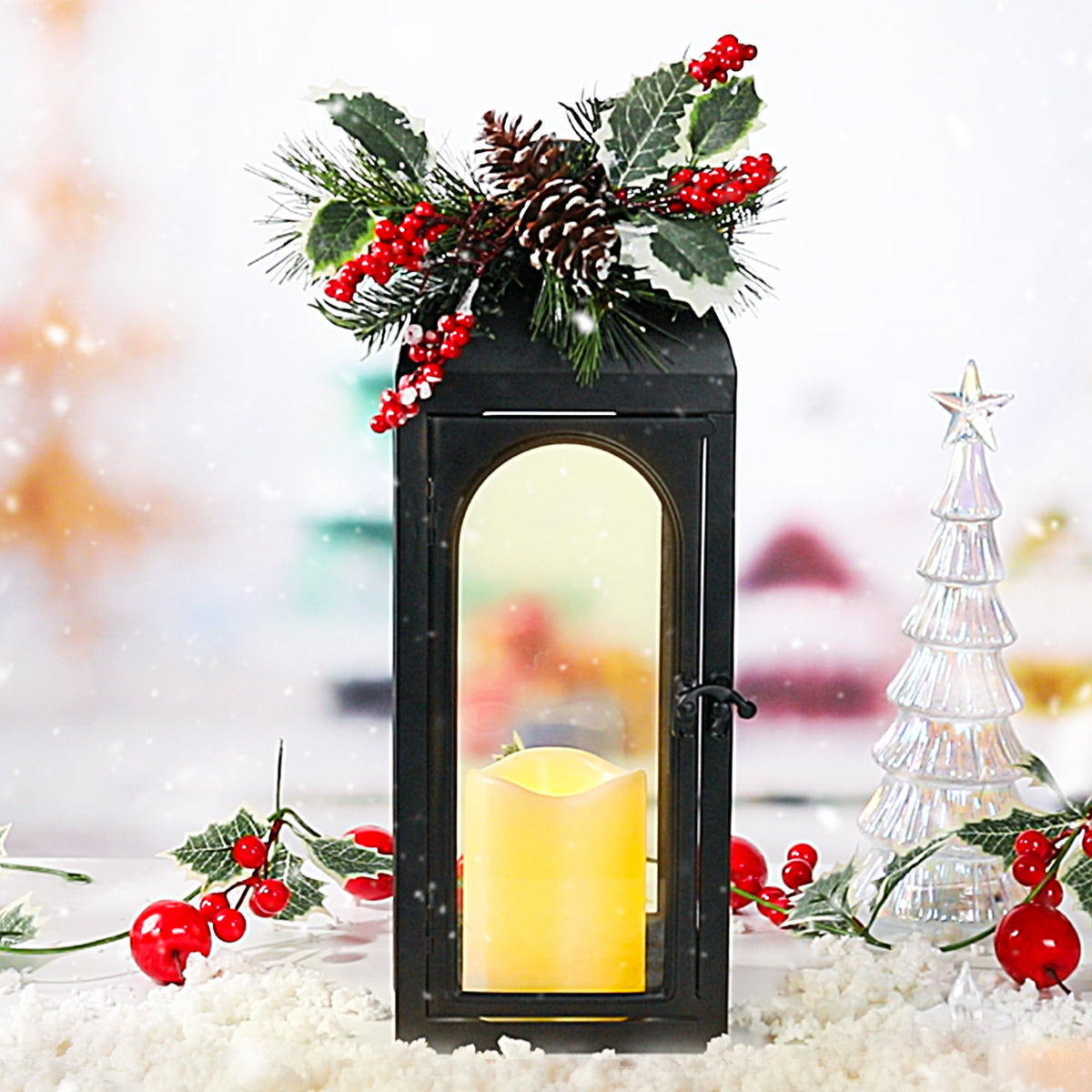 Christmas Decorative Lantern with LED Flameless Candle & Holiday Greenery,Black Metal Lantern with LED Candle Lit Decorations,Christmas Decor