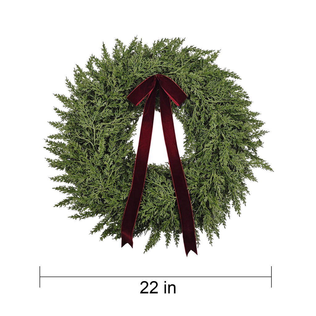  Natural Feel Cedar Artificial Christmas Wreath with Bow, Green, 22"